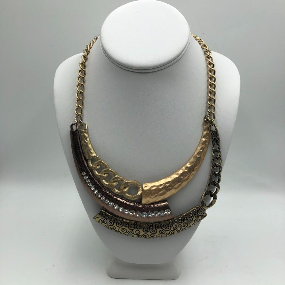 Lucia Women's Metal Statement Necklace Layered Tiered Signed Tag Rhinestones